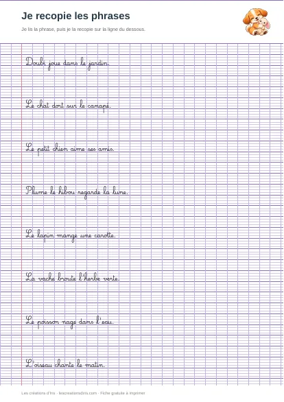 Aperçu de la fiche phrases à recopier sur les animaux