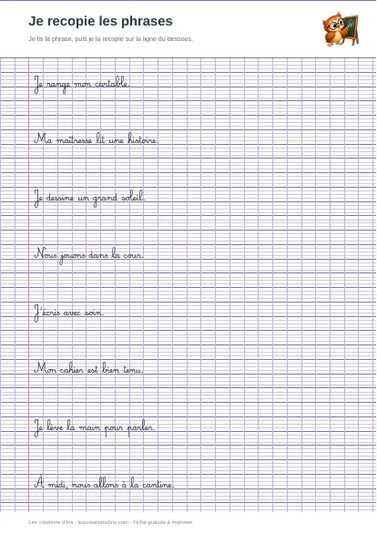 Aperçu de la fiche phrases à recopier sur l’école