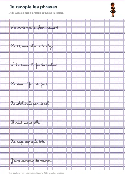 Aperçu de la fiche phrases à recopier sur les saisons